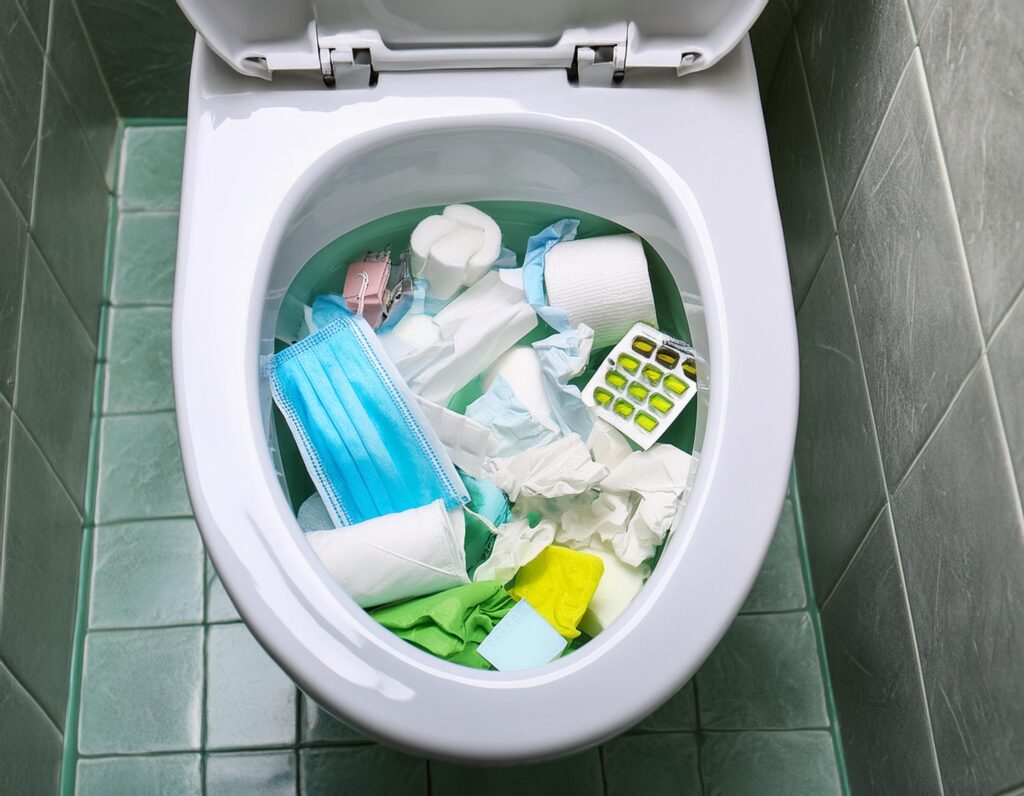 A toilet being used as a trash can.