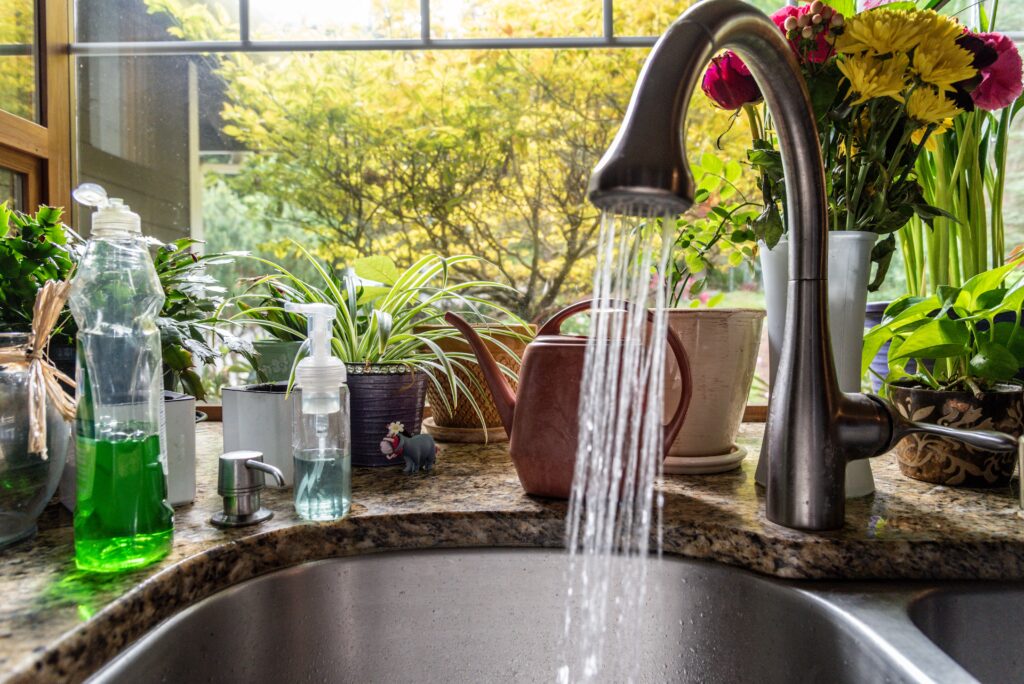 Modern home kitchen sink with plant and flower filled window box running water.