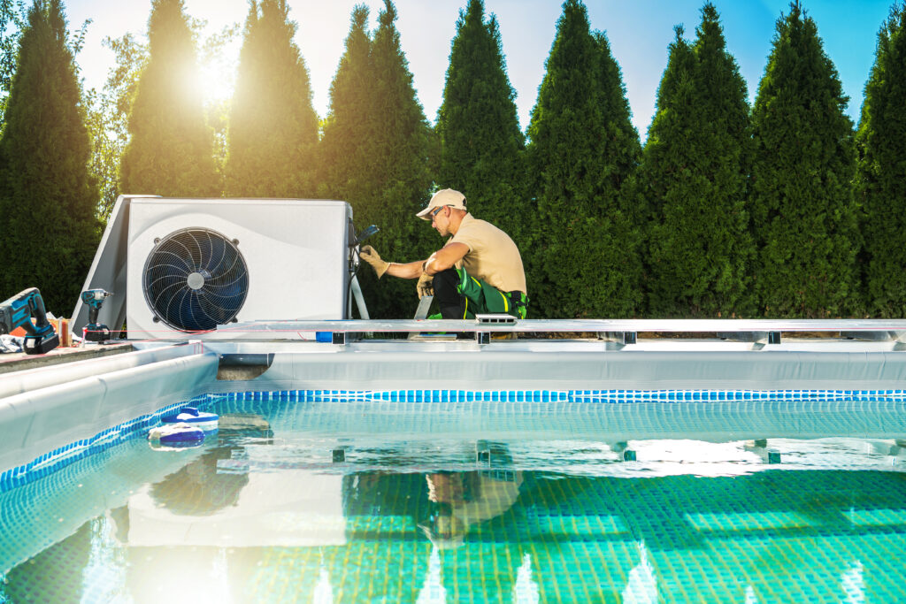 Newly Built Swimming Pool Heat Pump Installation Performed by Professional HVAC Technician. Providing High Efficiency for Both Pool Cooling and Heating.